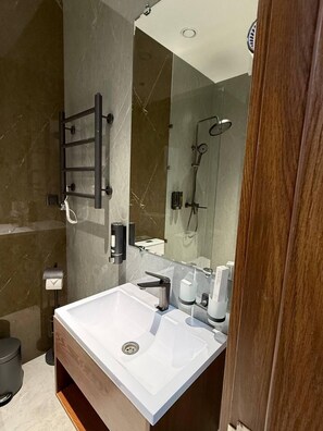 Shower, hair dryer, slippers, soap