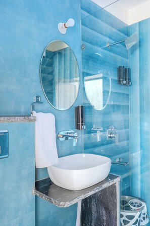 Hair dryer, bidet, towels, soap