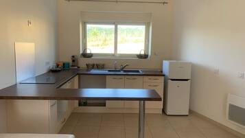 Fridge, stovetop, coffee/tea maker, electric kettle