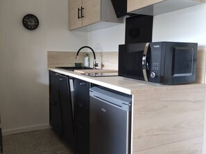 Fridge, microwave, dishwasher