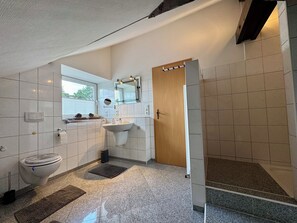Secadora de cabello, toallas, jabón, papel de baño 