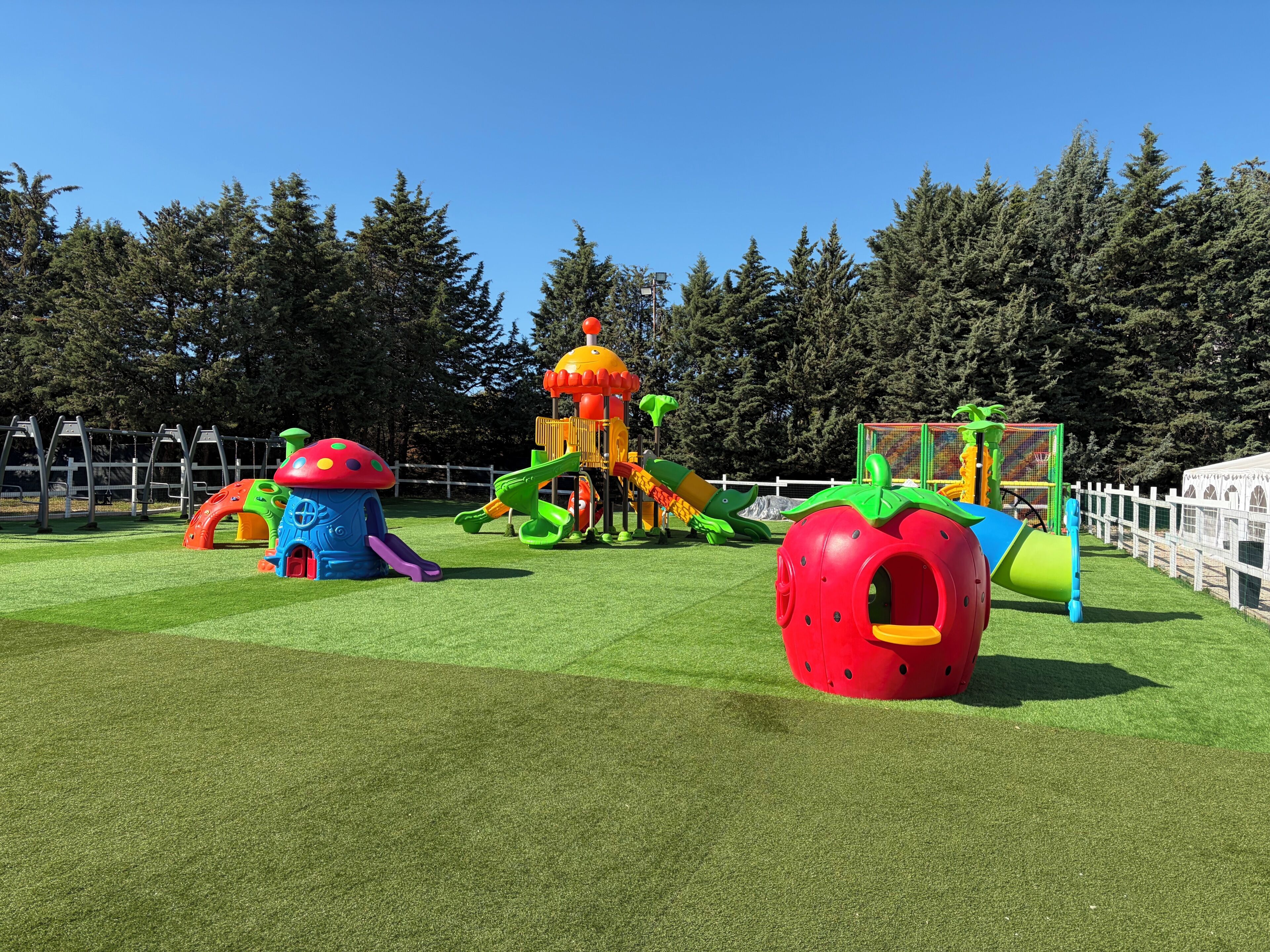 A playground with various play structures including a slide, climbing area, and a large mushroom-shaped playhouse.