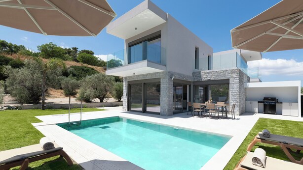 A modern house with a swimming pool, outdoor furniture, and a barbecue area. - Rodos Stars Stellar Villas - Leontas (Rhodes)