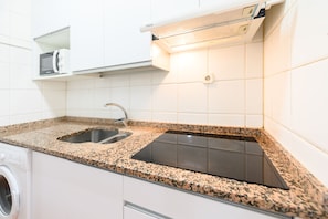 Fridge, microwave, electric kettle, toaster
