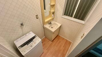 Hair dryer, towels, soap, toilet paper