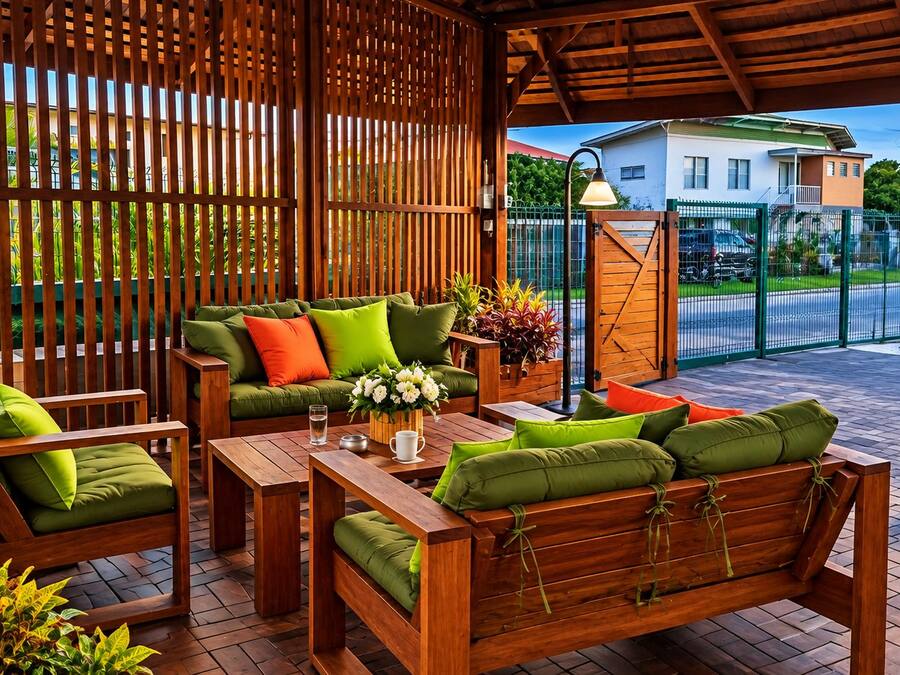 An outdoor seating area with wooden furniture and a wooden pergola.
