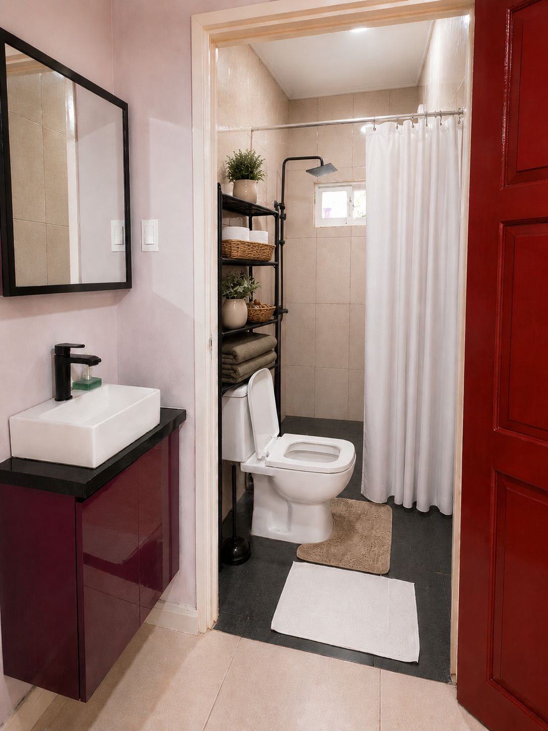 Un baño con un lavamanos blanco, un inodoro, una ducha con manguera negra y un espejo en la pared.