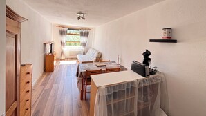 A compact room with a wooden floor, a sofa, a dining table with chairs, a small kitchen area with a toaster, and a window with curtains.