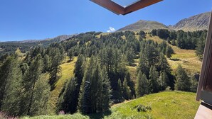 A mountain landscape with dense forests and a clear sky.