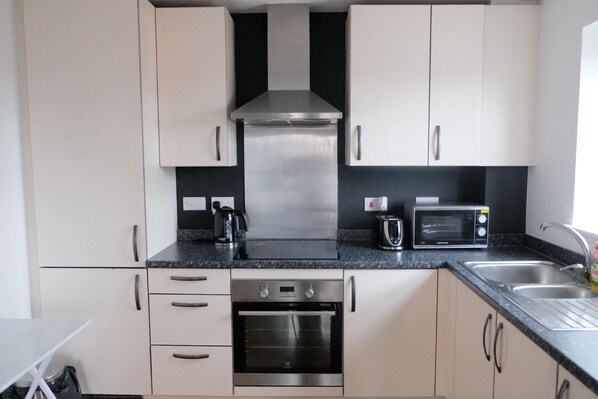 Fridge, microwave, oven, toaster