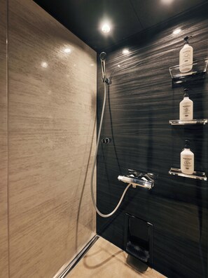 Shower, free toiletries, hair dryer, towels