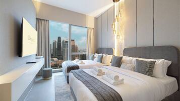 Safe på rommet, blendingsgardiner, lydisolert og strykejern/-brett