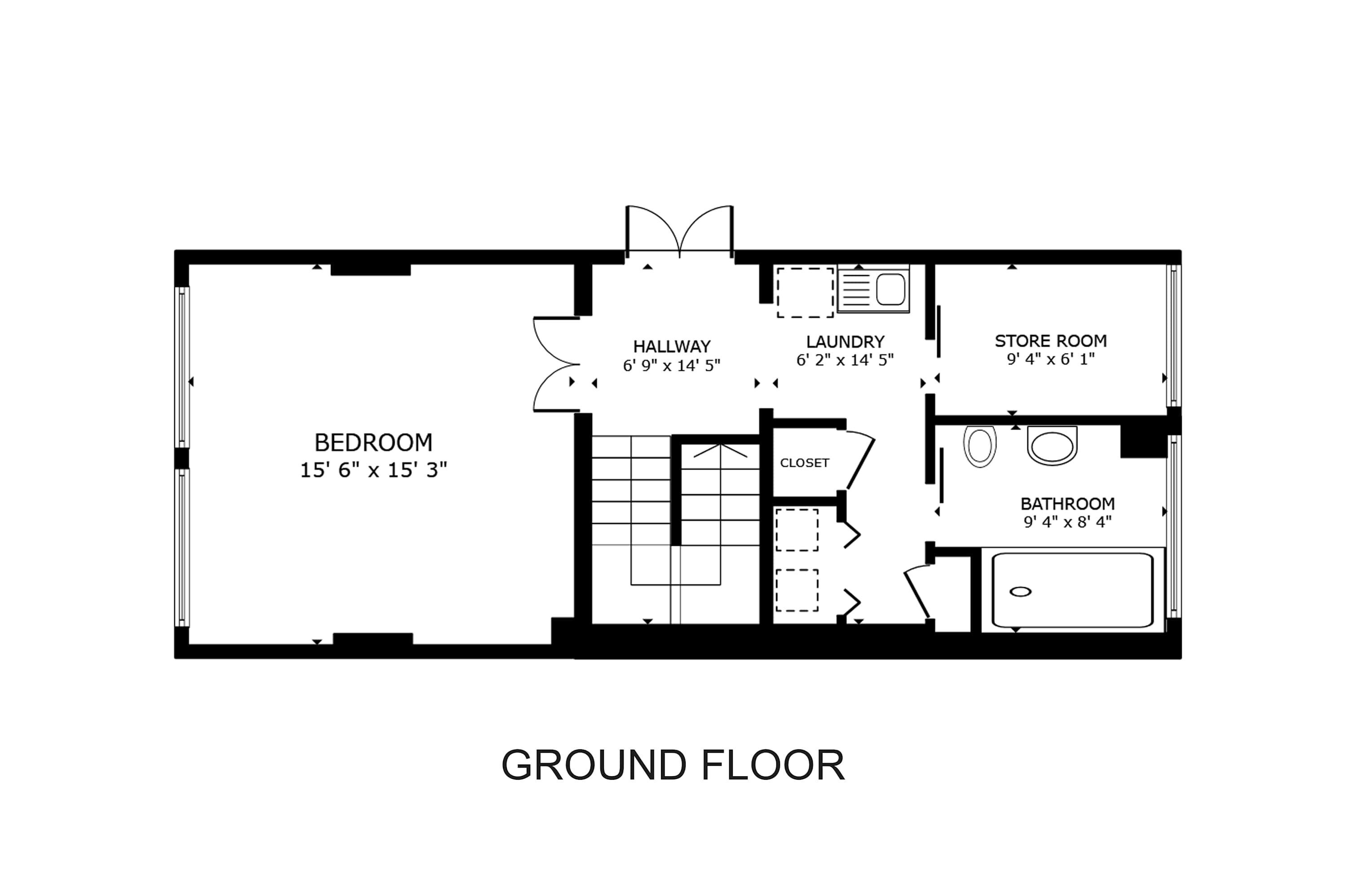 Distribución planta baja con un dormitorio, pasillo, lavandería, cuarto de almacenaje y baño.