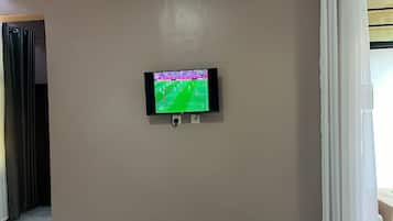 Télévision à écran plat, cheminée, lecteur de DVD