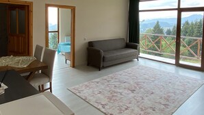 A spacious living room with a sofa, a dining table, and a large window offering a view of mountains.