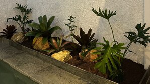 Una jardinera de hormigón con diversos suculentos y una pequeña fuente de agua.