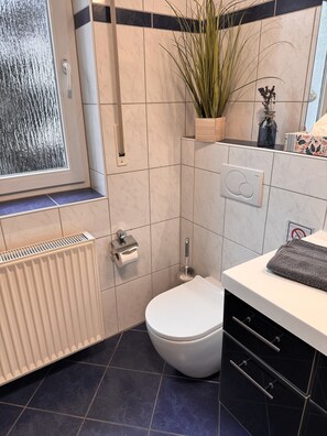 Shower, free toiletries, hair dryer, towels