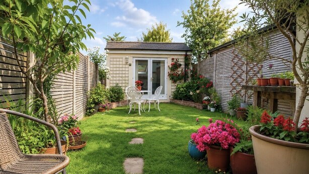 A well-maintained garden with a patio area, a white chair, and a small table.
