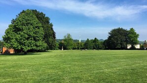 A grassy field with trees and a church steeple in the distance.