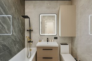 Hair dryer, towels, soap, toilet paper