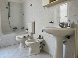 Chuveiro, secador de cabelo, bidê, toalhas de banho