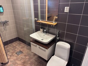 Hair dryer, bidet, towels, soap