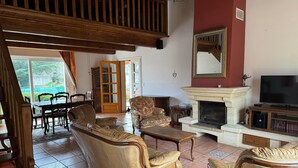 A spacious living room with a fireplace, leather sofas, a dining area with a table and chairs, and a large mirror on the wall. - Lovely, cosy villa in the Cévennes (Chamborigaud)