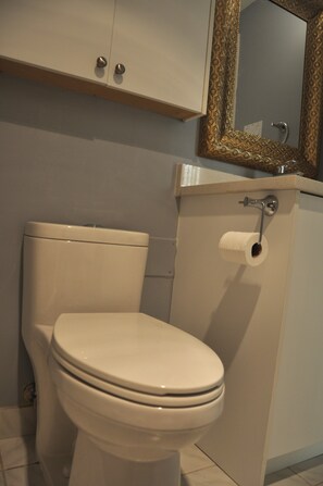 A toilet with a roll of toilet paper mounted on the wall.