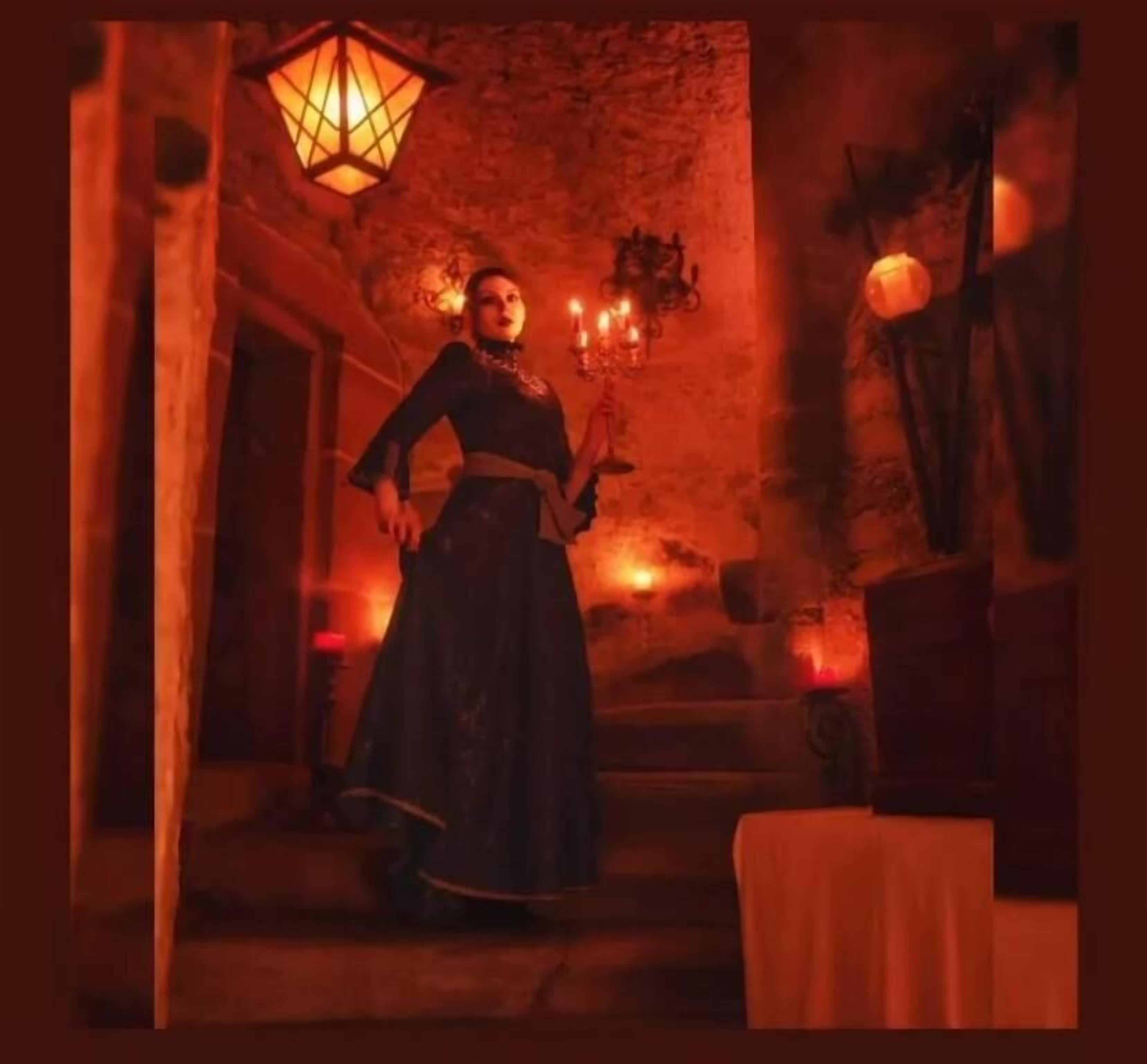 A person standing in a dimly lit room with a stone wall and a hanging lantern.