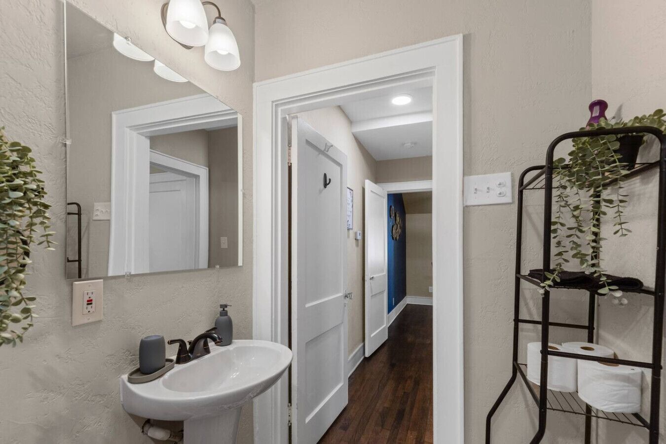 A bathroom with a white sink, a mirror, and a shower door. There is a plant on a shelf and a towel rack.