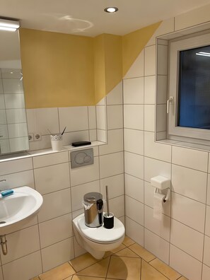 A bathroom with a toilet, sink, mirror, window, and a towel dispenser. - Apartment 'Schutterzeit' with Private Terrace and Wi-Fi (Schuttertal)