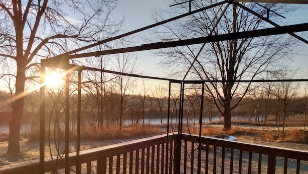Une terrasse en bois, dotée de rampes en métal, qui offre une vue sur un paysage naturel avec des arbres et une étendue d’eau.