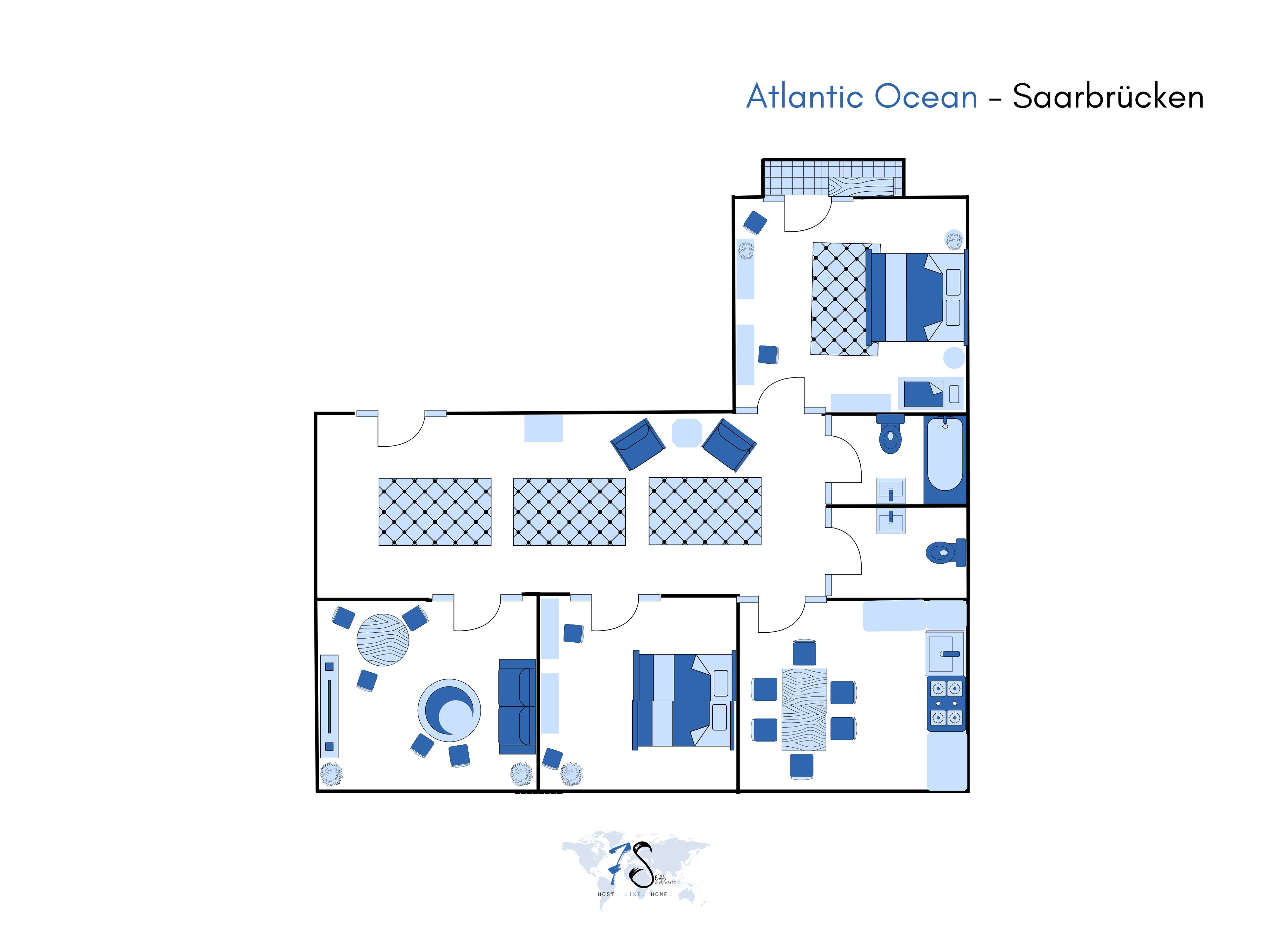 A floor plan of a hotel named 'Atlantic Ocean - Saarbrücken' with various room layouts and amenities.
