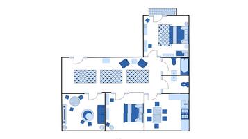 A floor plan of a hotel named 'Atlantic Ocean - Saarbrücken' with various room layouts and amenities.