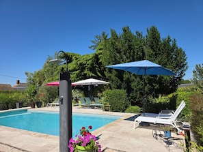 Une piscine entourée de verdure et d’arbres, avec des chaises longues et des parasols.