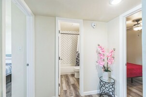 Bañera con ducha, secador de pelo, toallas, jabón