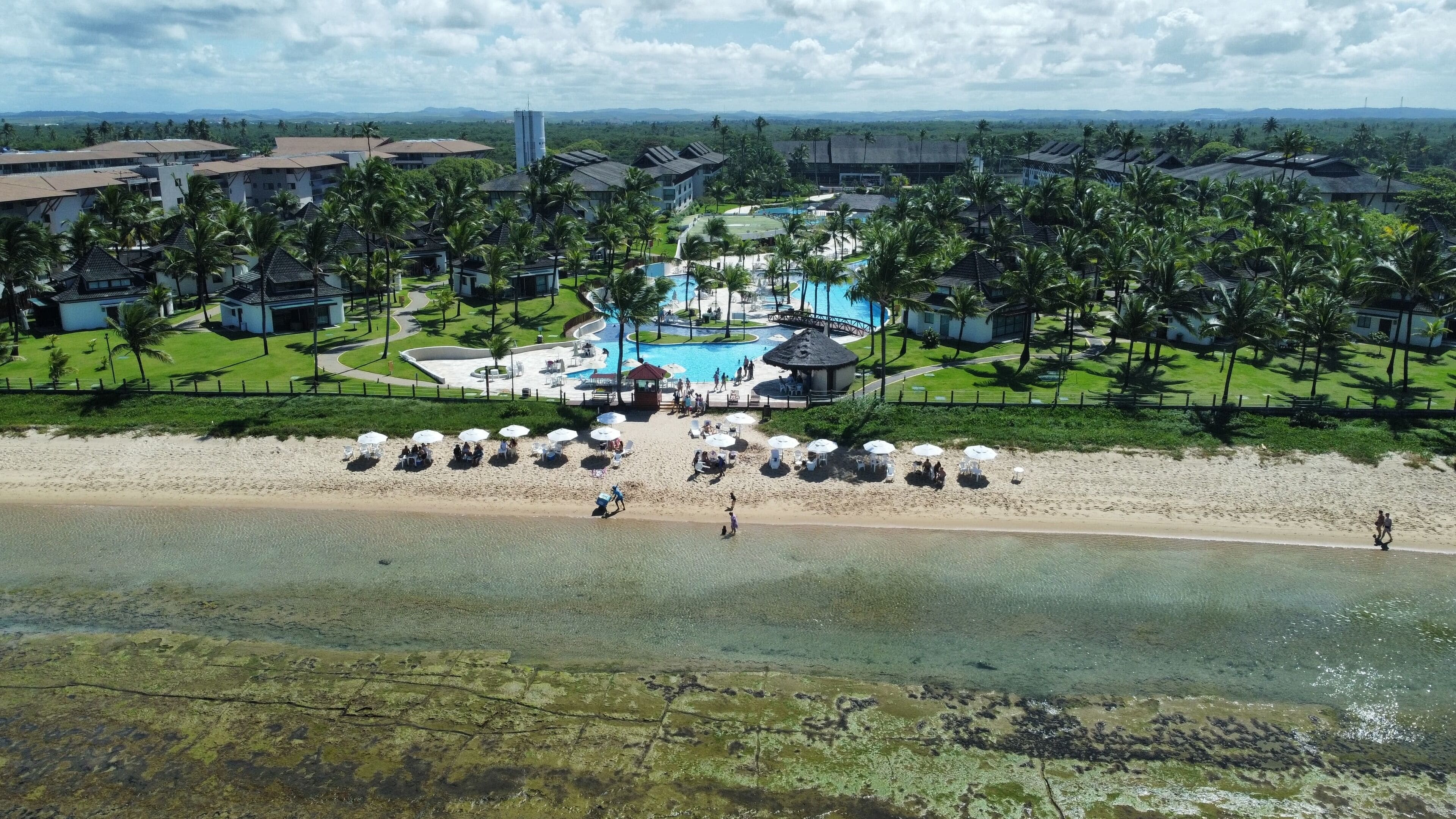 Un resort con piscina, playa y palmeras.
