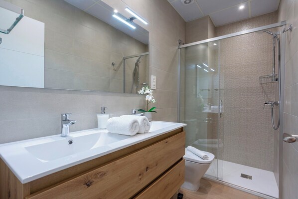 Shower, hair dryer, towels