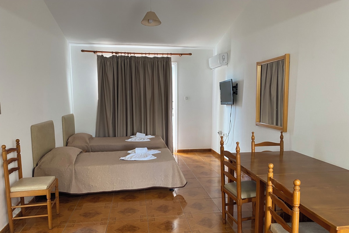 Een kamer met twee bedden, een houten eettafel, stoelen, een televisie en een raam met gordijnen.