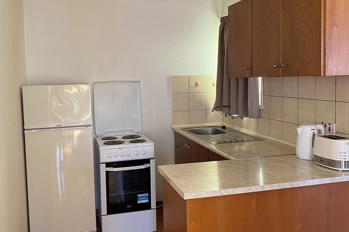 Een keuken met een koelkast, fornuis, oven, houten kastjes, een spoelbak en een aanrecht.