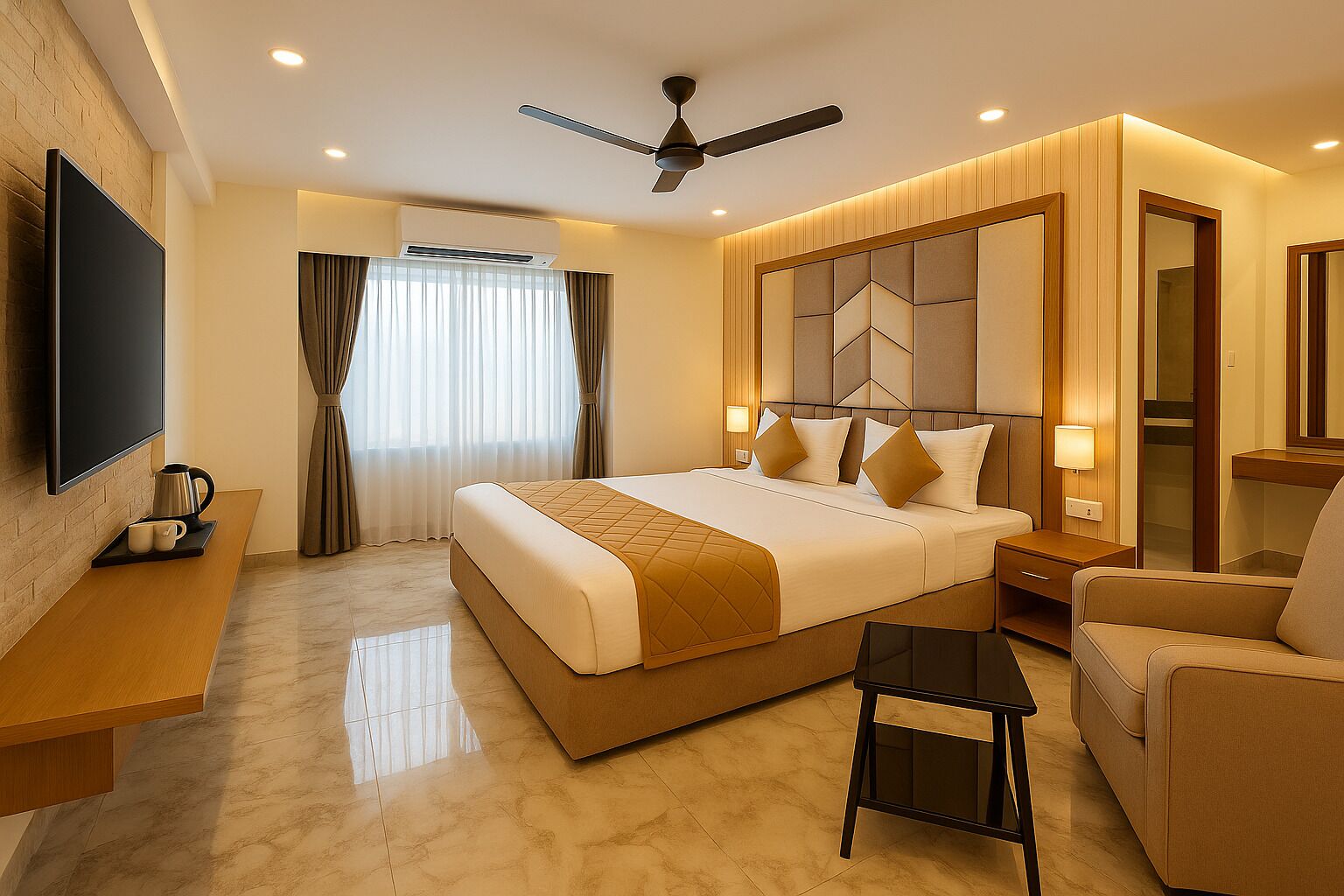 Une chambre d’hôtel moderne dotée d’un grand lit, d’un téléviseur à écran plat, d’un bureau avec une machine à café, d’une chaise et d’un ventilateur de plafond.