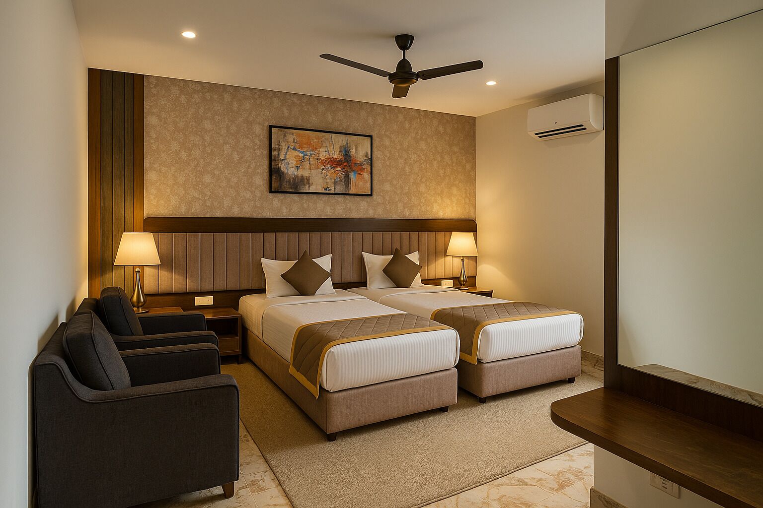 A hotel room with two beds, a desk, a chair, a ceiling fan, and a painting on the wall.