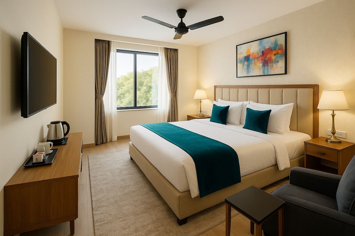 A hotel room with a large bed, two bedside tables with lamps, a flat-screen TV, a coffee maker, and a view of the outdoors through a window.