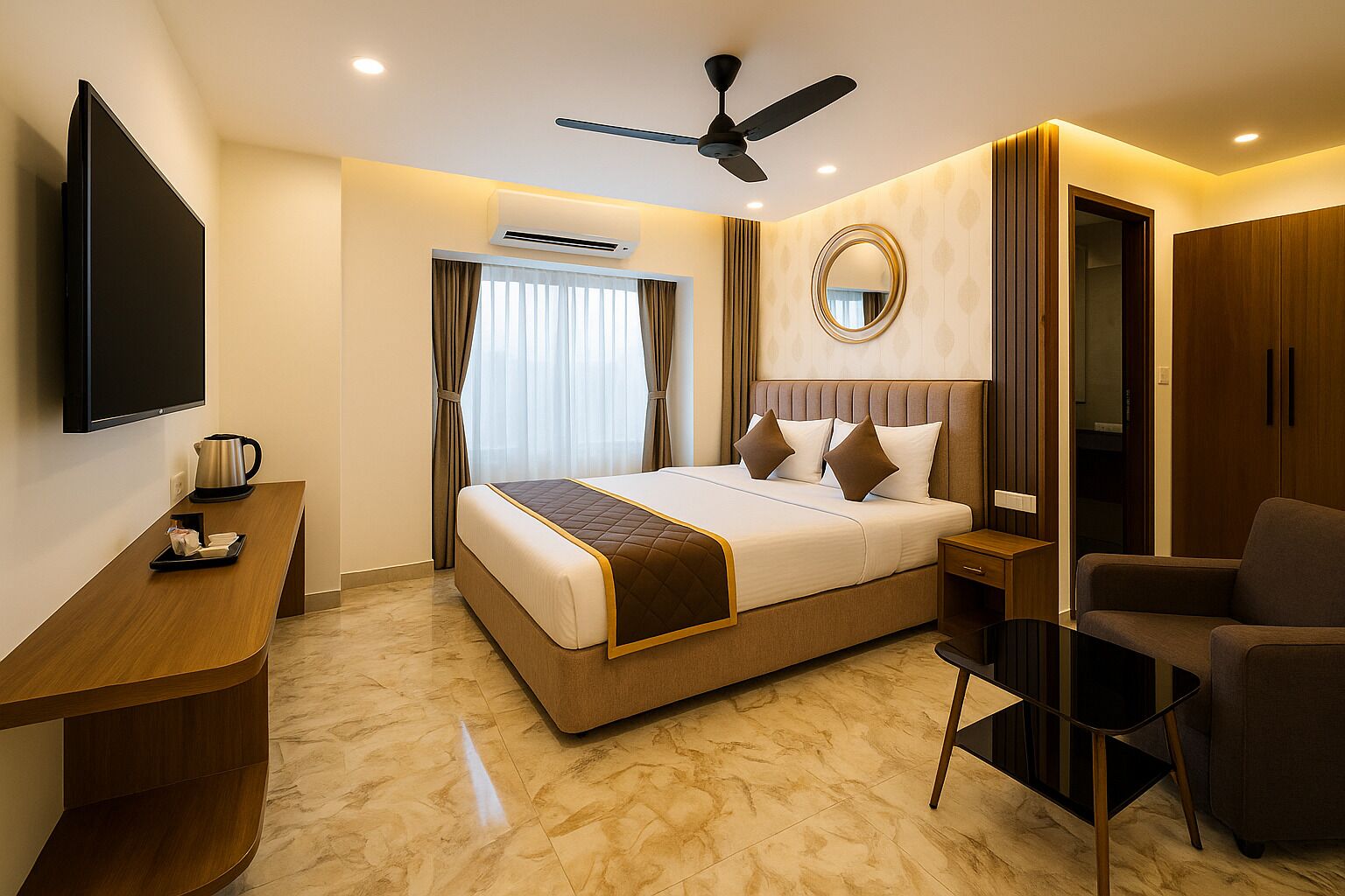 A hotel room with a bed, a desk, a chair, a TV, an air conditioning unit, and a ceiling fan.
