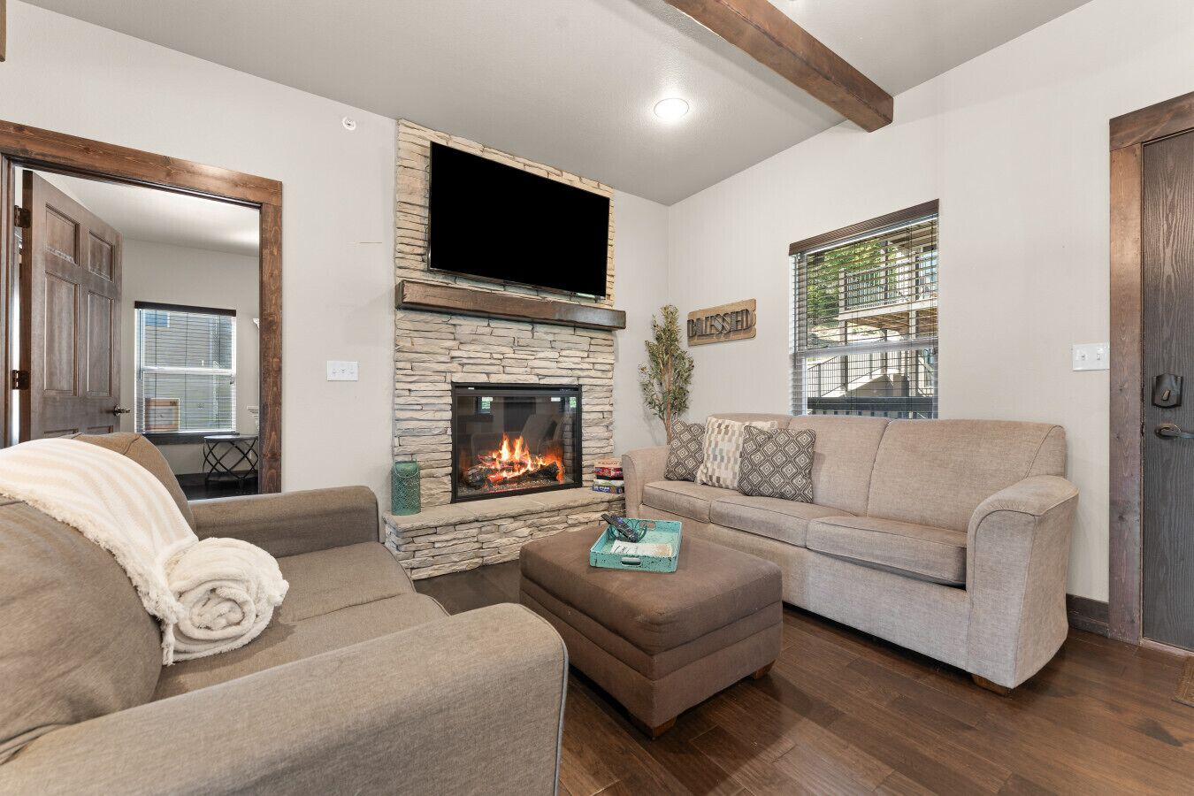 Smart TV, fireplace, video games, table football