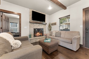 Smart TV, fireplace, video games, foosball