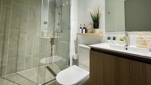 A modern bathroom with a glass-enclosed shower, a toilet, and a vanity with a mirror. - M&C DC 108 (Santiago)