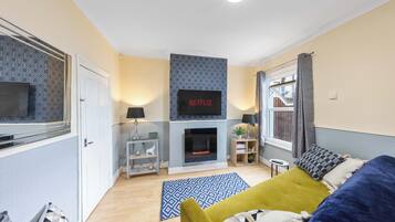 Smart TV, fireplace, books