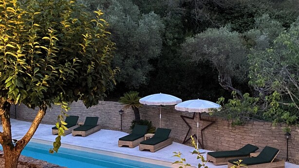 A pool area with lounge chairs and umbrellas, surrounded by dense trees and a stone wall. - Jas Tihou bergerie premium swimming pool Provence (Le Beausset)