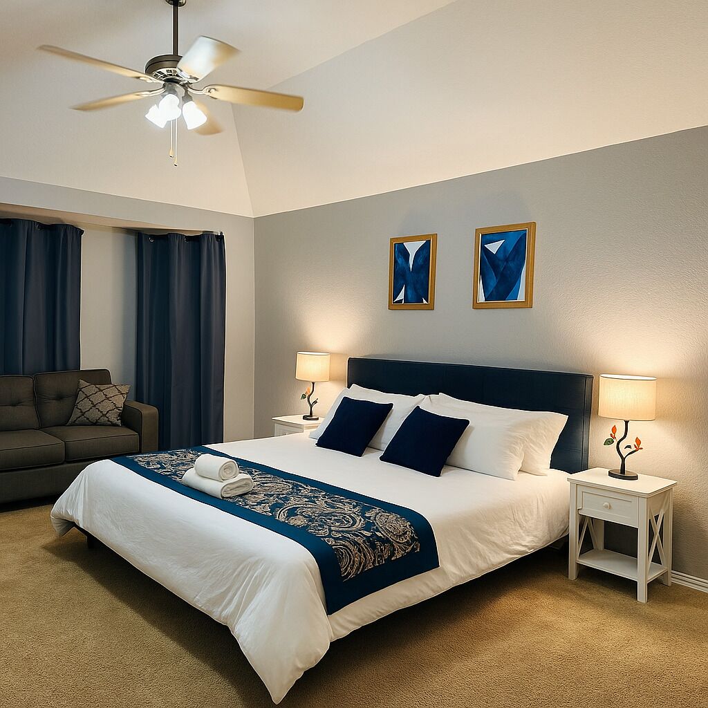 4 bedrooms, iron/ironing board, internet, bed sheets